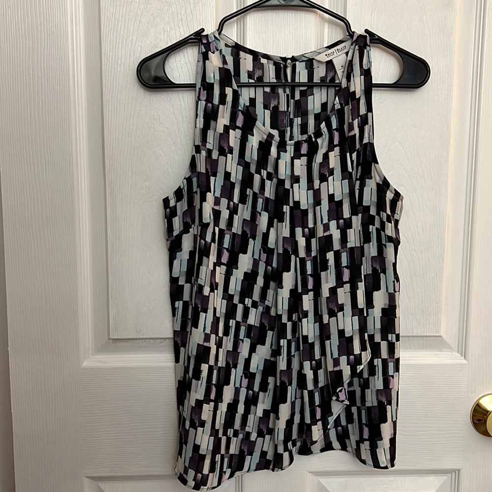 Rectangle/geometric patterned blouse in purple, black, white, and light blue